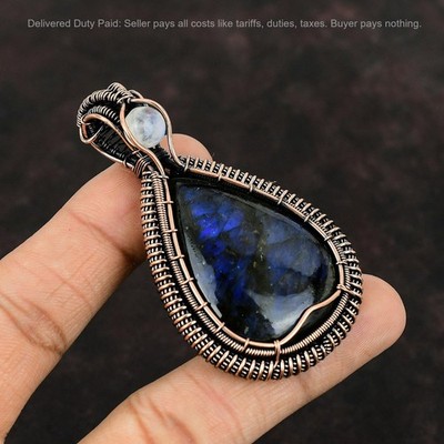 Copper Pear Labradorite Gemstone Rainbow Moonstone Handmade Wire Wrapped Pendant