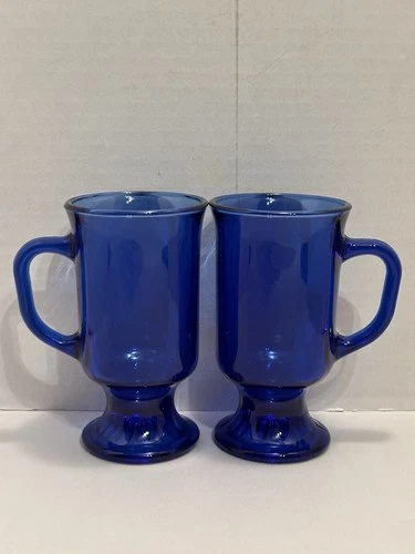 VTG Anchor Hocking Cobalt Blue Glass Irish Coffee Cups Tea Mugs Footed Pedestal