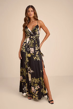 Lulus Still the One Black Floral Print Satin Maxi Dress