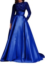 Blue Sequin Satin Long Sleeve Ball Gown Dress Crew Neck Formal Evening Gown