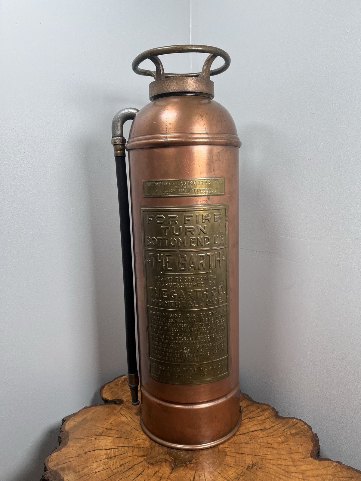 Antique Copper Brass Fire Extinguisher Empty Garth Montreal 2.5 Gal Display