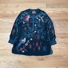Johnny Was Silk Velvet Embroidered Blouse Size S Teal Boho Bird Floral Top
