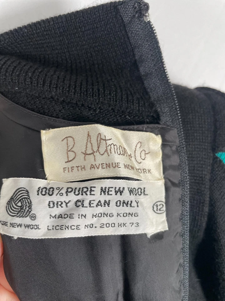 B Altman Lana Negro Completamente Forrado Estilo Años 80 Vestido Manga Abullonada Suéter Vestido Foto 3 de 4