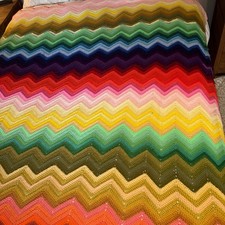Vintage Crochet Afghan Blanket 60 X 75 Inches Zig Zag Chevron Rainbow Multicolor