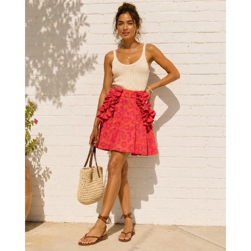 Sika for Anthropologie Pink Orange Cotton Milly Ruffle Pocket Midi Skirt Size 8