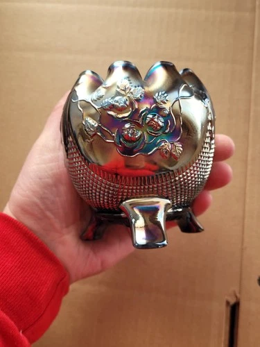 Black Amethyst Northwood Carnival Glass Fine Cut and Roses Rose Bowl w Good Feet