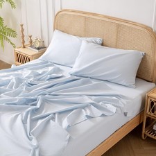 4 PCS Full Light Blue 100 Washed Cotton Linen Feel Deep Pocket Bed Sheet Set