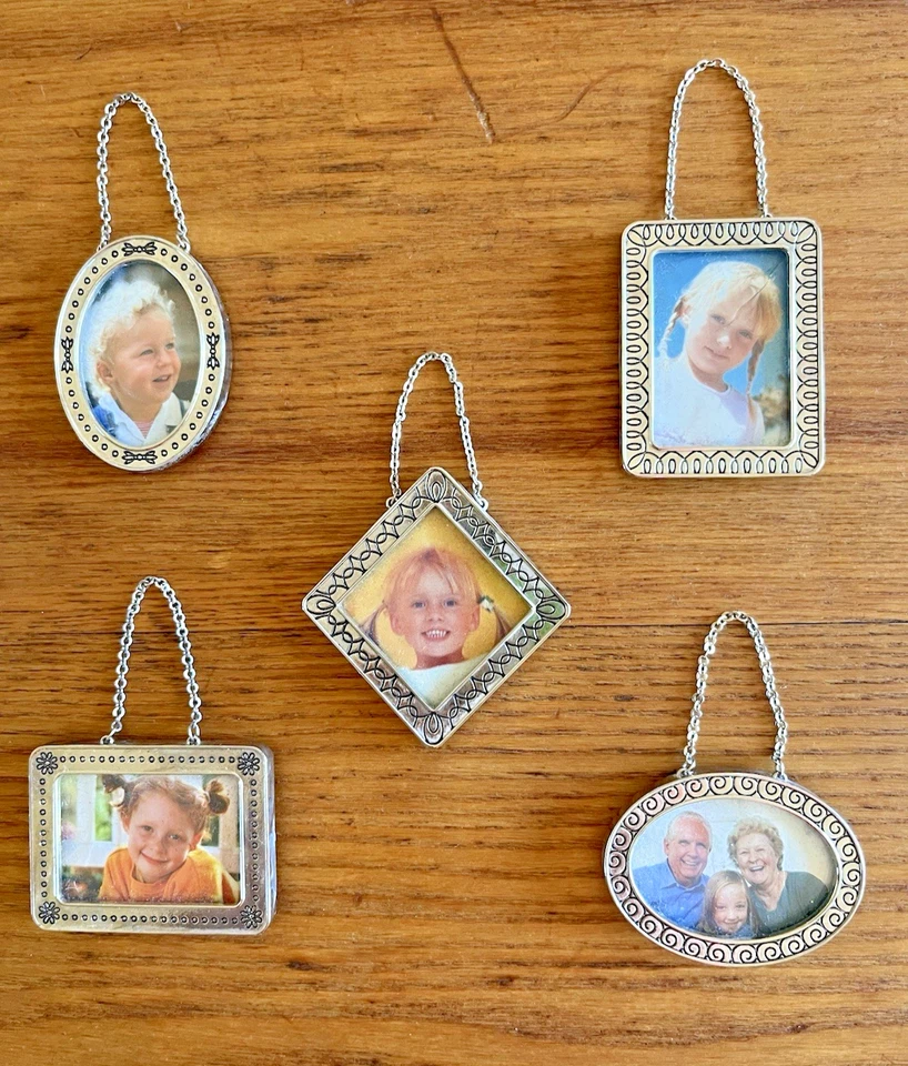 Holiday Christmas Photo Frame Ornaments - Set of 5 Hanging Silver Photo Frames - Image 2 of 4