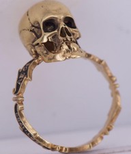 Antique Victorian Mens Skull Ring Memento Mori  Gilt Silver Black Enamel