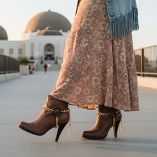 Women Gold Metal Chain Boot Bracelet Shoe Black Circle Charm Tassel 2PCS Fashion