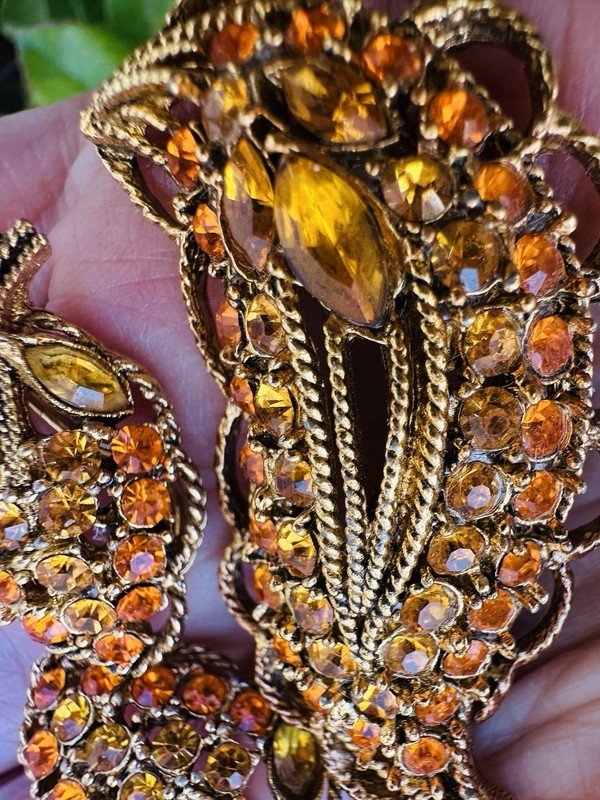Vintage MCM Rhinestone Brooch Earrings Set Amber Topaz Gold Tone