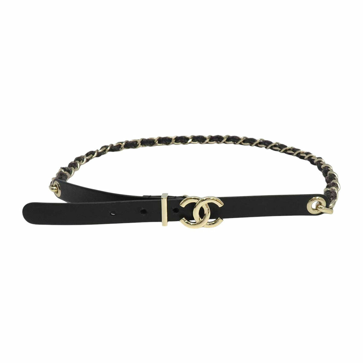 AUTH CHANEL CHAIN BELT COCO MARK BLACK LEATHER GOLD PLATED AUTH CHANEL CHAIN BELT COCO MARK BLACK LEATHER GOLD PLATED