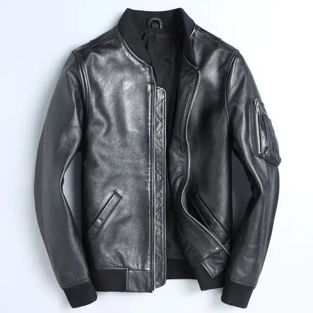 Men's Genuine Black Lambskin Leather Jacket Slim Fit Casual Bomber Jacket