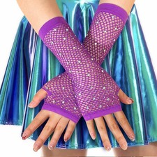 Long Rhinestone Fingerless Fishnet Gloves Arm Sleeve Cosplay Party Costume
