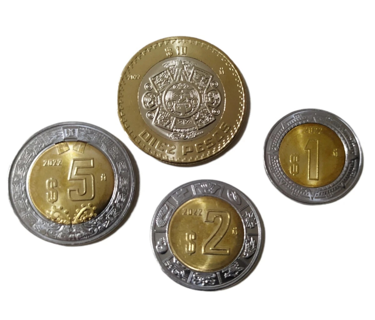 Mexican coin lot 2022 10 pesos 5 pesos 2 pesos y 1 peso UNC aztec calendar