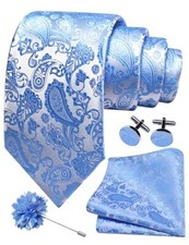 3.15"  8cm  Mens Paisley Tie and Lapel Pin Necktie Hankerchief Sky Blue