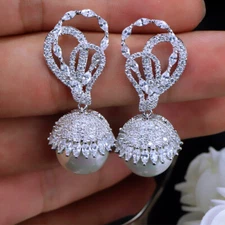 Women Silver Plated Long Big Pearl Dangle Drop Earrings Zirconia Wedding Jewelry