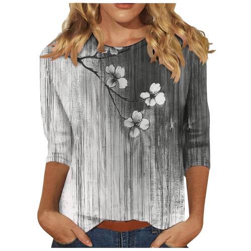 Ladies Summer Print 3/4 Sleeve Women's Round Neck Casual Tops Blouse T Shirt % - Picture 5 of 42