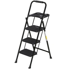 Step Ladder Sturdy 4 Step Ladder with Tool Platform Multipurpose Home Black 