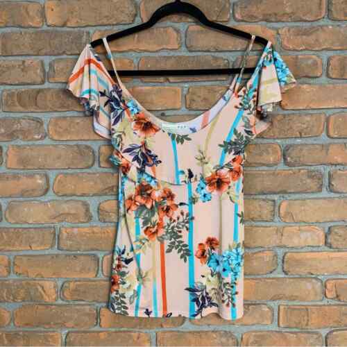 Philosophy of POP Floral Print Top Womens Large Pink Ruffle Cold Shoulder Blouse