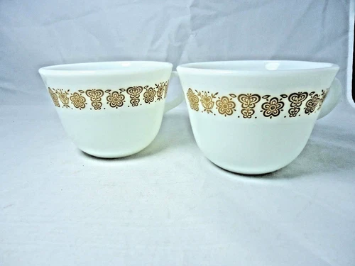 PYREX CORELLE GLASS BUTTERFLY GOLD COFFEE/TEA CUP, PAIR,  VINTAGE