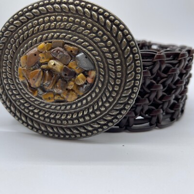 Vintage L Braided Woven Belt Dk Brown Leather Tigers Eye 32-38'' Western Witchy