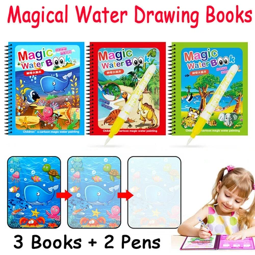 3X Children's Water Magic Painting Colouring Reusable Drawing Books with 2 Pens - Picture 3 of 12