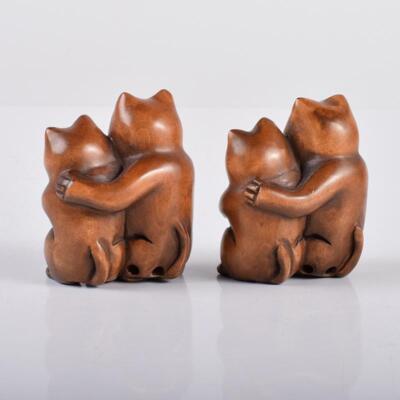 置物 nekoatsume Japanese NETSUKE Charm Wooden Hand-made 4-set Cat and Rat