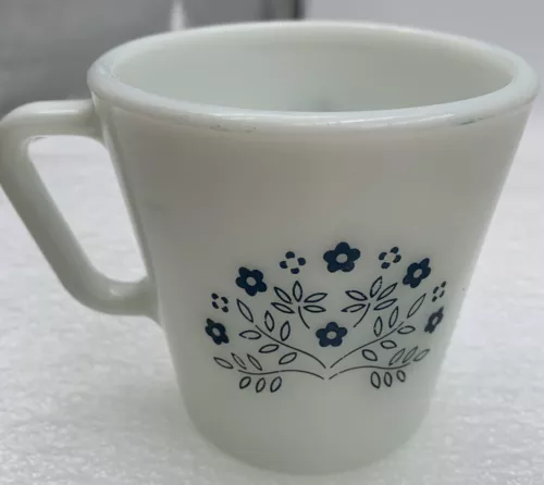 VTG PYREX Milk Glass Coffee Cup Mug Blue Honeydew Summer Impression 1410 Vintage
