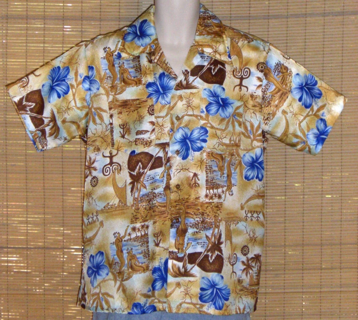 Mens Waikiki Holiday Hawaiian Shirt Tan Blue Floral Natives Tikis Size Large
