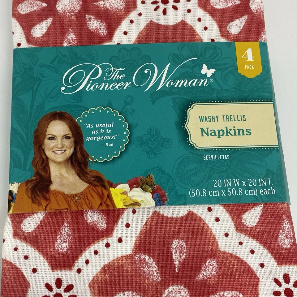 (2) Pioneer Woman Cloth Napkins 4 ea ‘Washy Trellis’20x20" Red Gray Yellow Blue - Image 3 of 4