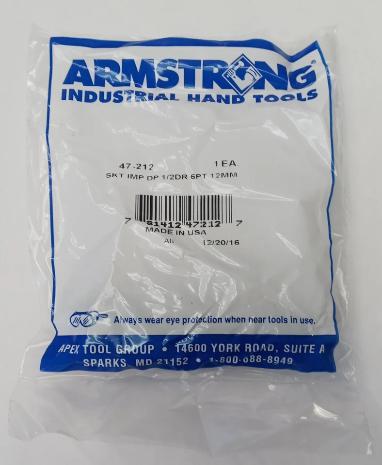 Armstrong 12mm 1/2" Dr. 6pt Deep Impact Socket USA 47-212 - Image 3 of 3