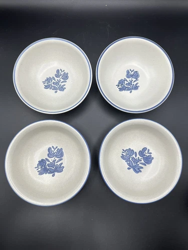 1960s Set of 4 Pfaltzgraff Yorktowne 6" Soup Bowls Stoneware Gray Blue USA (#495