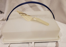 Tupperware Speckled Cake Keeper 622 Carrier w Lid 623 Blue Handle 1258 Server