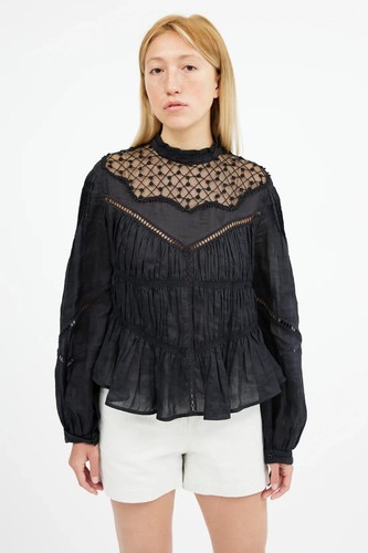 Isabel Marant Women's Black Smocked Embroidered Shirt Blouse Tunic Top S 34 - Picture 6 of 19