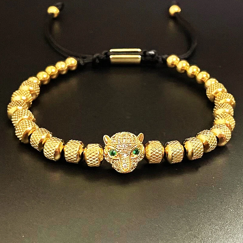 Luxo contas de aço inoxidável com miçangas cabeça de leopardo homem pulseiras pulseira feminina presente - Imagem 3 de 4