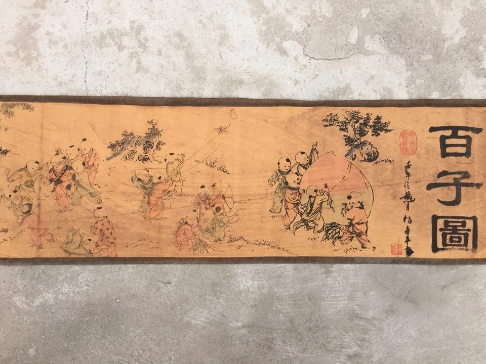 Cuadro antiguo chino "Pintura de figuras" pintura de pergamino largo pintura de cien Foto 3 de 4