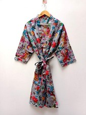 Indian Handmade Vintage Kimono Gray Bird Print Cotton Bath Robes Maxi Night Gown