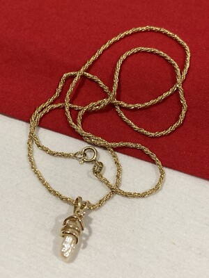 Vintage 14k massiver Gelbgold Perle Diamant Anhänger & gedrehtes Seil Halskette 18''