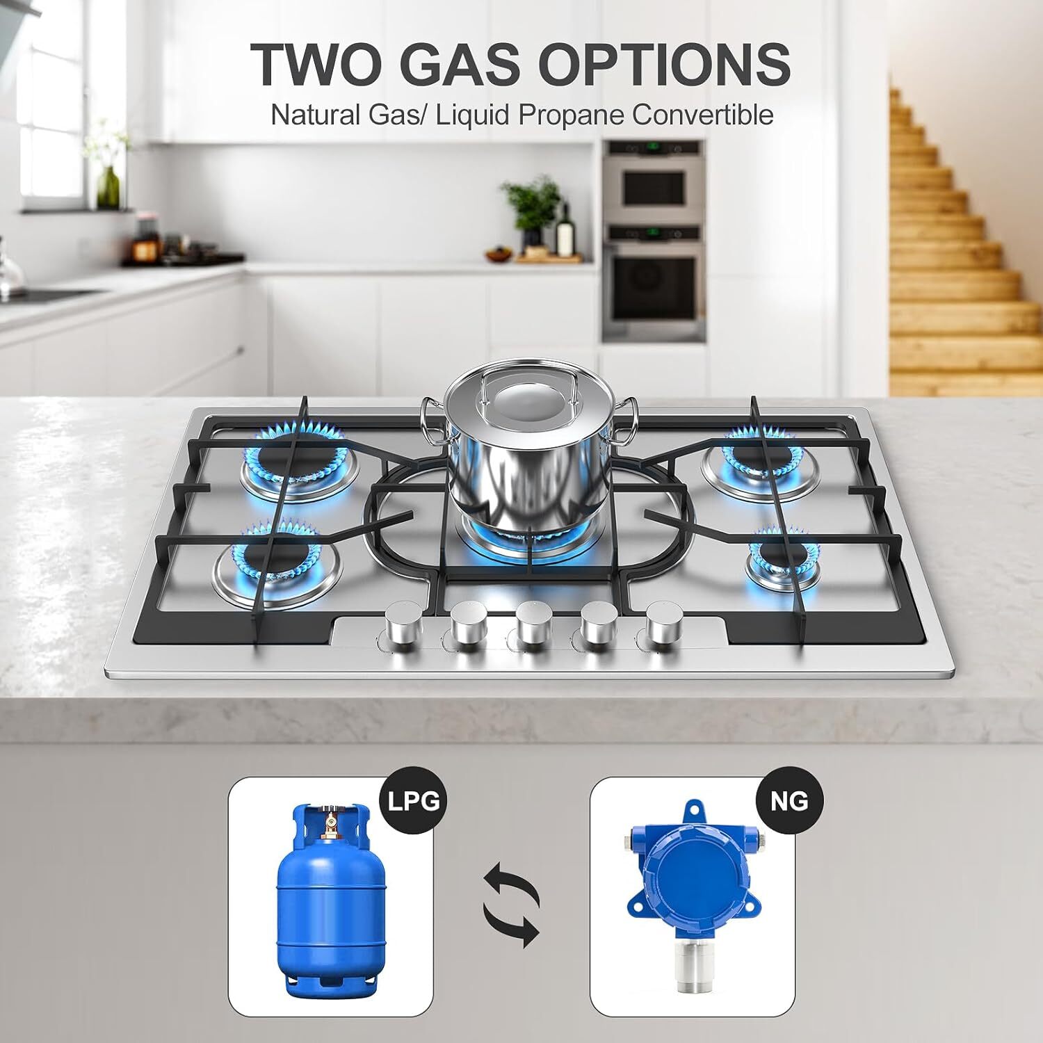 Gas Stove 5 Burner Propane Gas Cooktop Cooker Gas Hob NG/LPG Convertible 110V