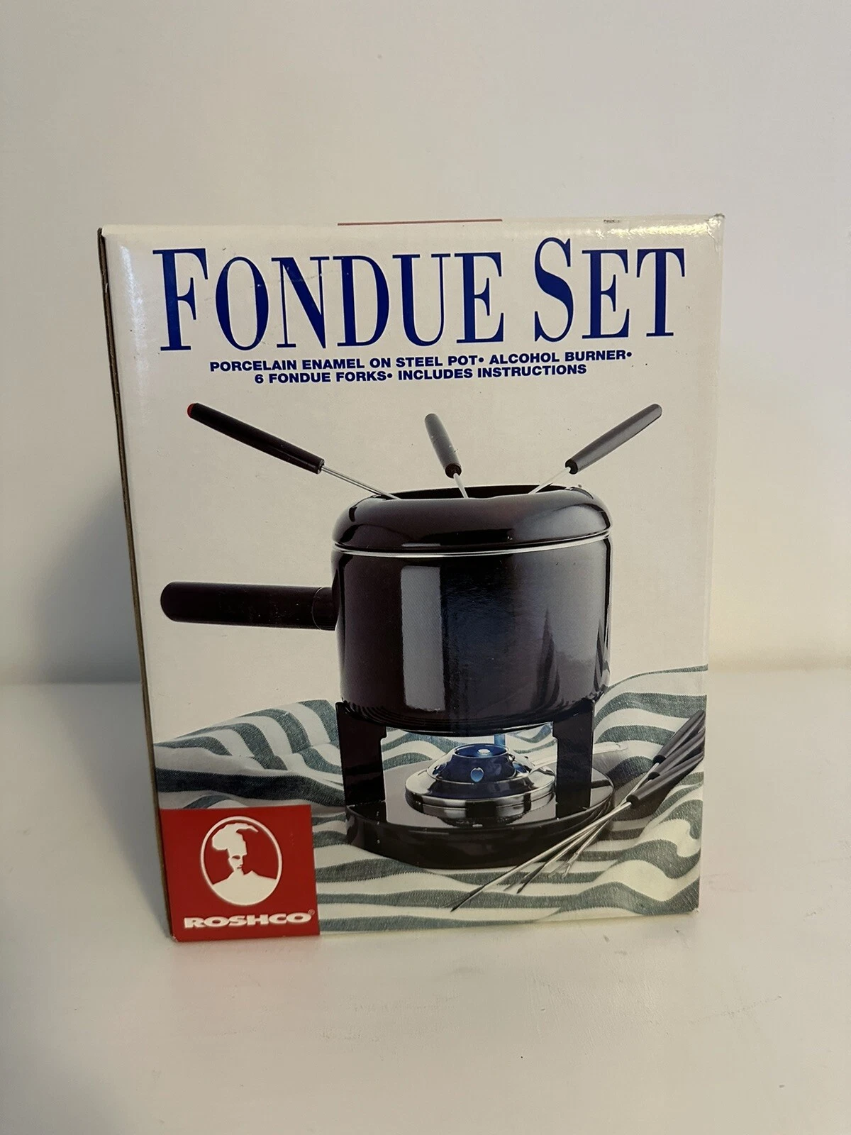 Roshco Fondue Set Black Porcelain Enamel On Steel Pot w/ 6 Forks Open Box NEW