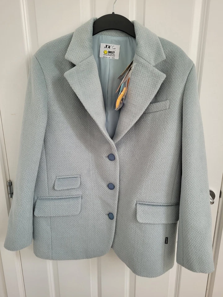 New Joy by Lily x Smiley World Egg Duck Blue Wool Blend Badge Blazer Jacket Coat - Image 2 of 4