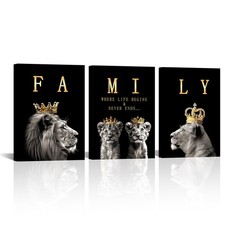 3 Pieces Lion Family Wall Art Canvas Prints Lion King and Queen with Crown Pi...