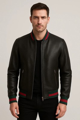 Men's Red Green Italian Color Stripes Black Textured Genuine Leather Jacket