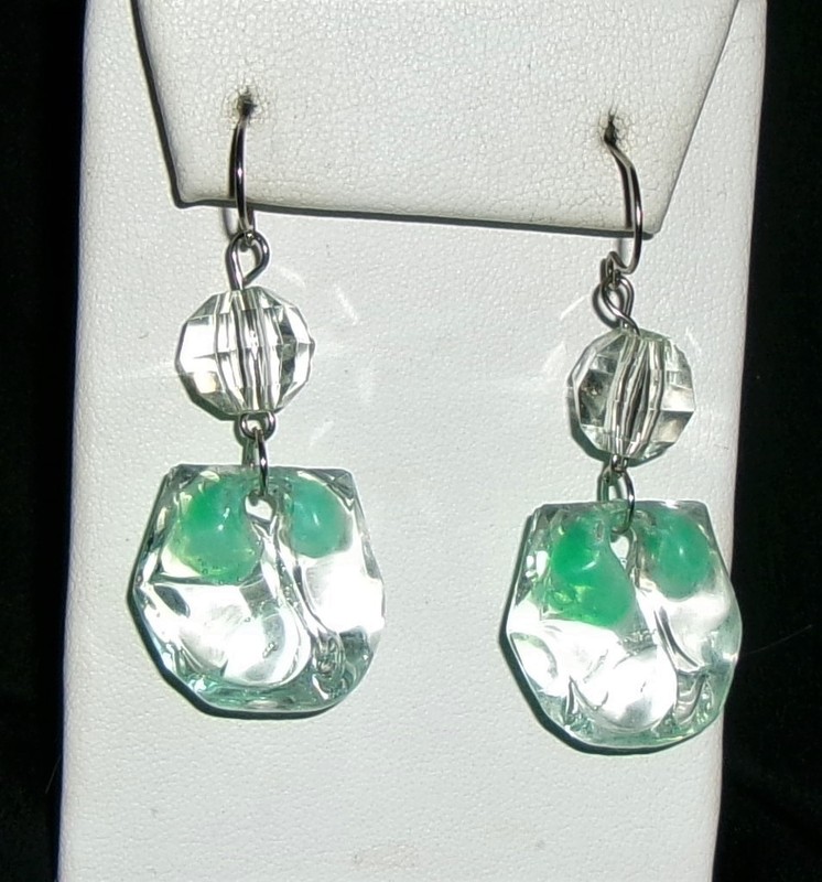 Vintage Lucite Bauble Earrings-Green Clear Pierced