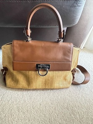 Ferragamo Gancini Sofia Bag Camel Tan Leather Raffia 2way Shoulder