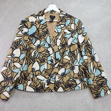 R.Q.T Blazer Jacket Womens 18 Tan Turquoise Floral Print Linen Single Breasted