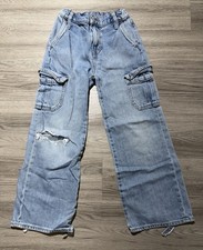 Old Navy Girls Size 8 High Rise Baggy Wide Leg Cargo Jeans Distressed Light Wash