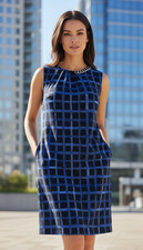 Michael Kors Blue Check Sleeveless Chain Neck Shift Dress Size S