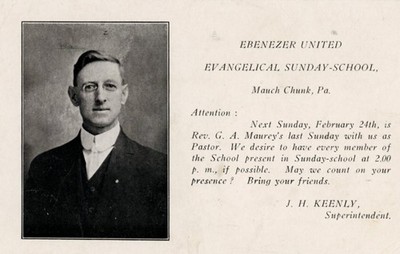 J.H. Keenly Portrait Postcard Ebenezer Sunday School Mauch Chunk PA 1918